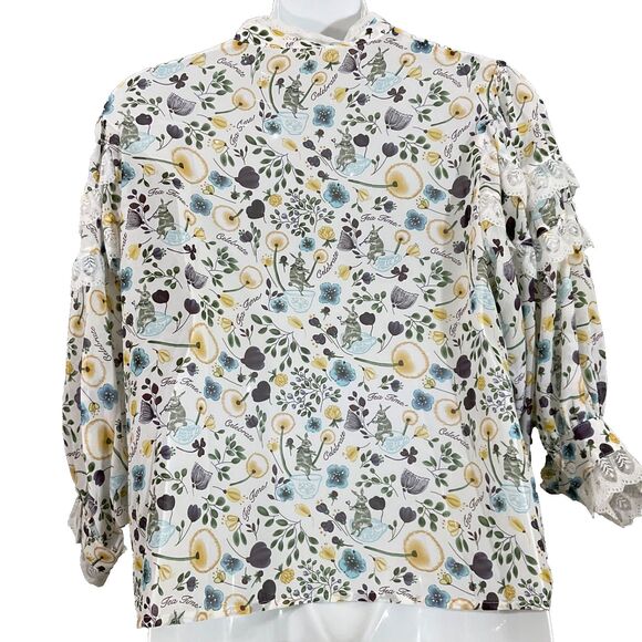POL Lace detail button up blouse top women size L floral novelty print high neck - Picture 4 of 12